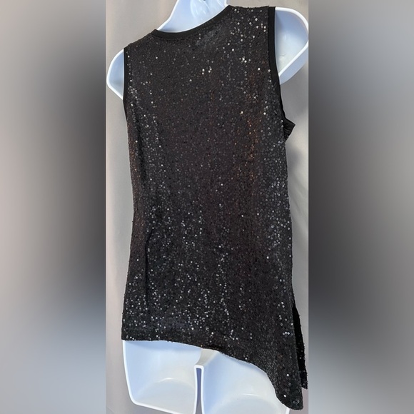 Eileen Fisher Black Silk Stretch Sequin Asymmetrical Tank w/Side Slit Sz PP - Picture 6 of 13